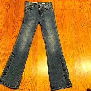 Anthropologie Pilcro high rise boot cut jeans buttons @ side of leg along bottom